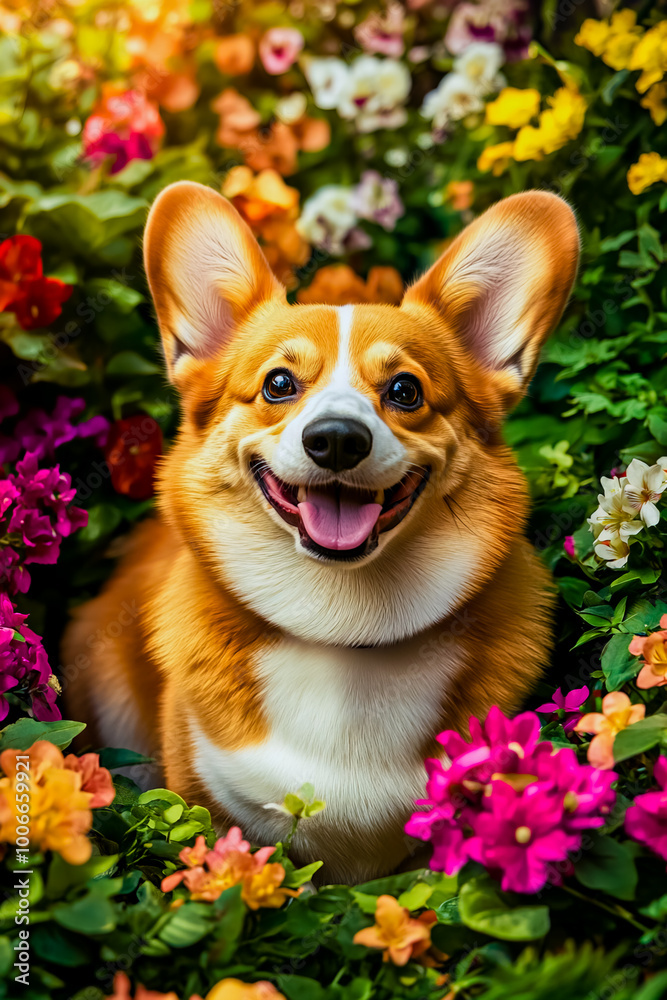 Cute, chubby corgi dog smiling as he sits happily in front of vibrant, colorful spring bushes full of flowers. Cute, chubby corgi dog smiling as he sits happily in front of vibrant, colorful spring bushes full of flowers.