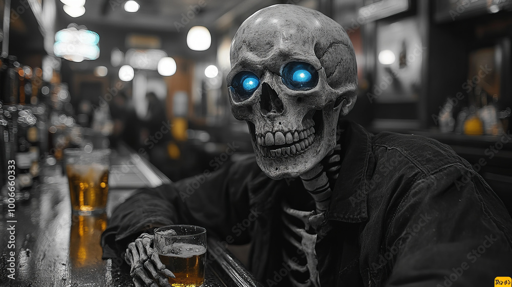 skeleton bartender with blue eyes pouring shots in nightclub bar. black and white. skeleton bartender with blue eyes pouring shots in nightclub bar. black and white.
