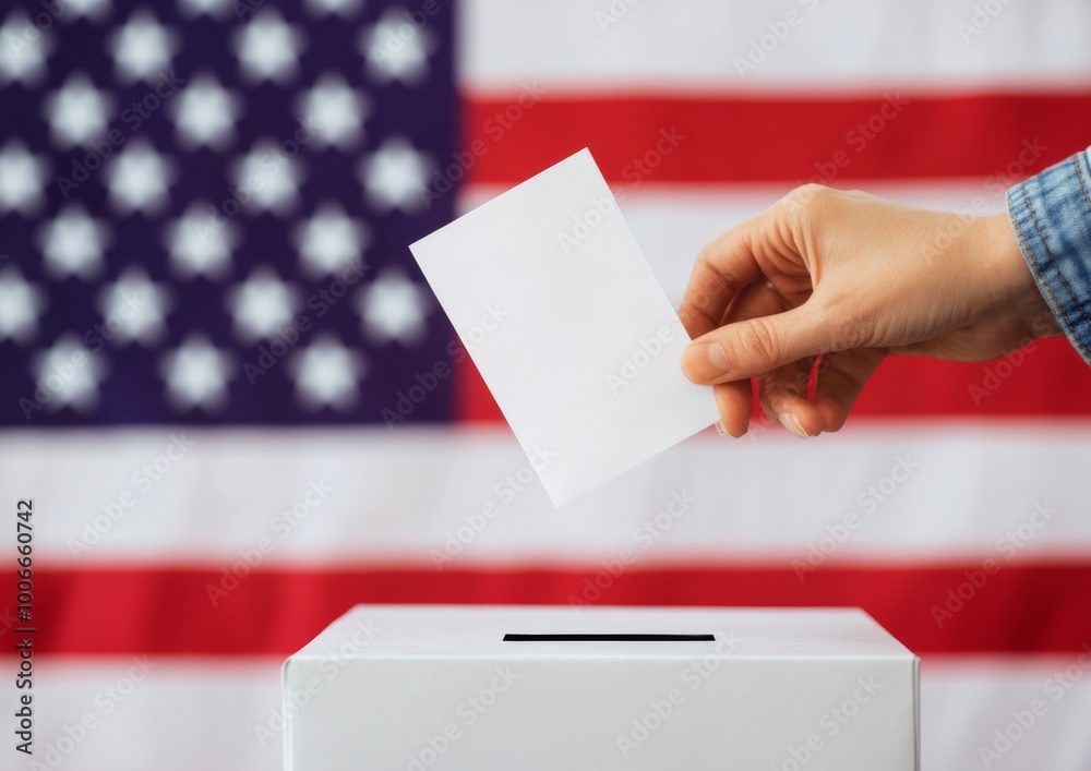 Voting. Casting a Vote in Front of an American Flag. A person individual casting a ballot into a voting box. Democracy, presidential election and voting poll concept. Election day. US elections Voting. Casting a Vote in Front of an American Flag. A person individual casting a ballot into a voting box. Democracy, presidential election and voting poll concept. Election day. US elections