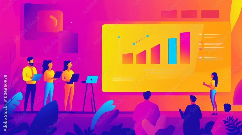 Vibrant Business Presentation with Graph and Audience
