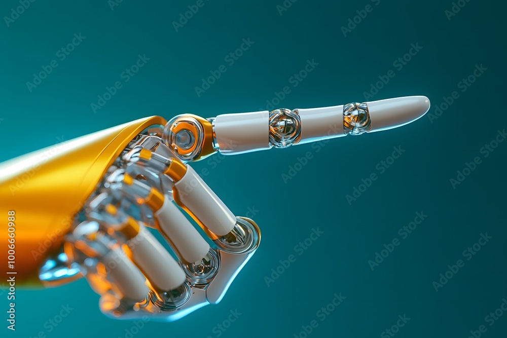 A robotic hand pointing a finger upward, against a dark teal background with orange details