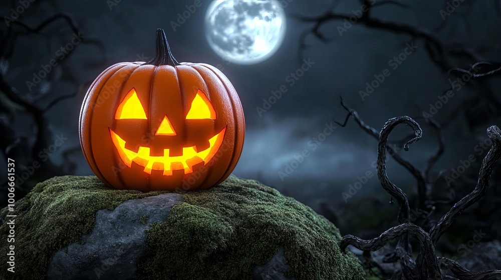 Naklejka premium Glowing Jack-o'-lantern with a sinister smile placed on a moss-covered rock