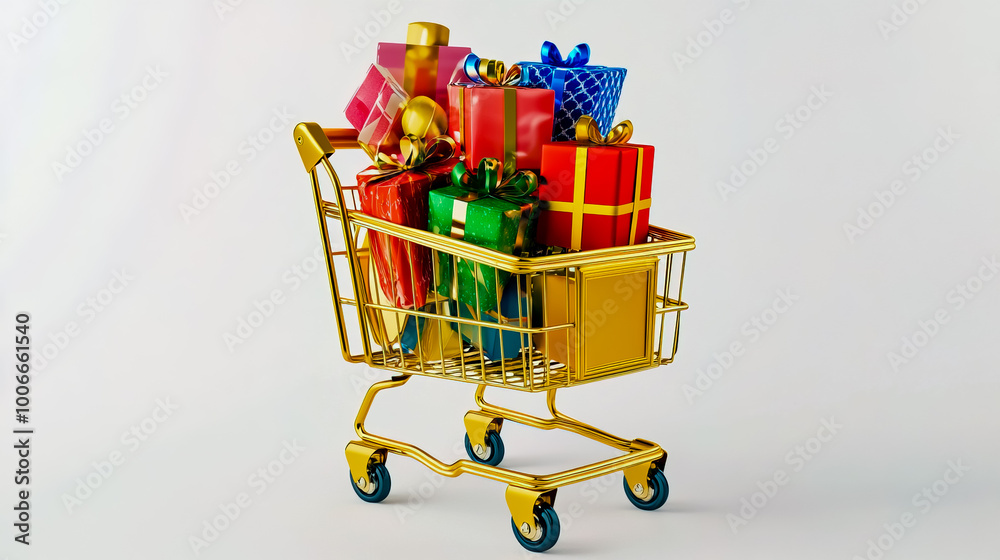 Gold shopping cart filled with a variety of colorful gifts, wrapped in festive paper with ribbons, set against a clean white background. Gold shopping cart filled with a variety of colorful gifts, wrapped in festive paper with ribbons, set against a clean white background.