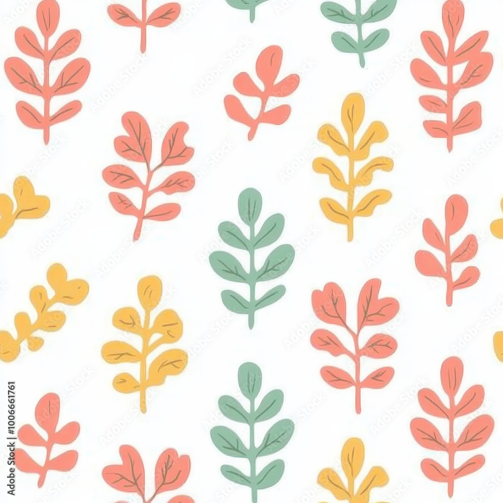 Obraz premium Hand-drawn seamless autumn pattern featuring yellow leaves, red berries, and twigs.