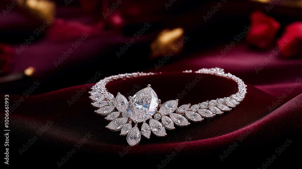 A luxurious necklace with radiant diamonds, displayed on a velvet background with soft lighting