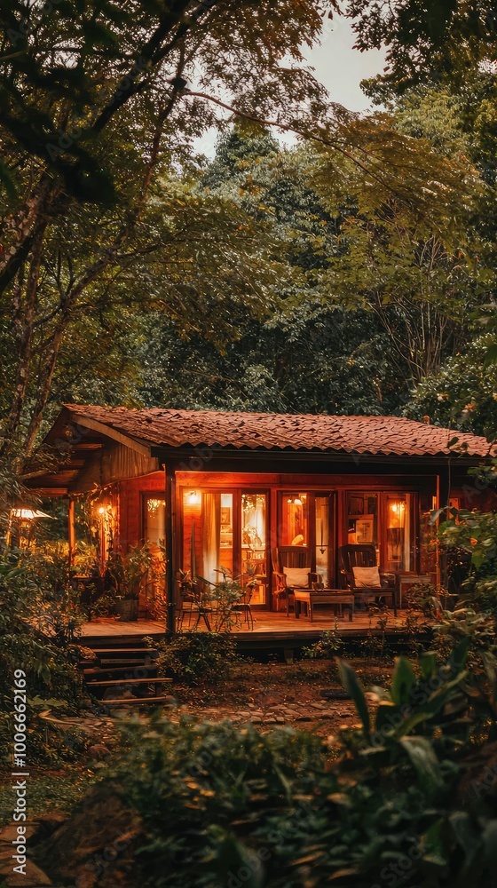 Cozy wooden cabin surrounded by lush greenery, glowing warmly at dusk, perfect for a peaceful retreat in nature. Cozy wooden cabin surrounded by lush greenery, glowing warmly at dusk, perfect for a peaceful retreat in nature.