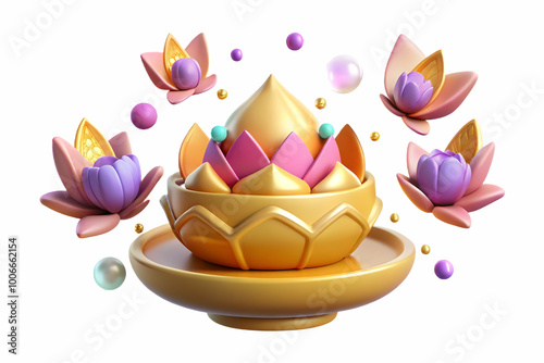 3D Loy Krathong Celebration Icon with Floating Butterflies and Sparkling Gems - Whimsical Vector Illustration Isolated on White Background