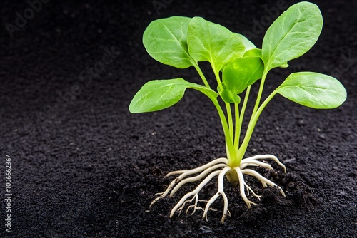 A single bean sprout with roots growing into the soil, with detailed attention to its leaves and long stem against a black background