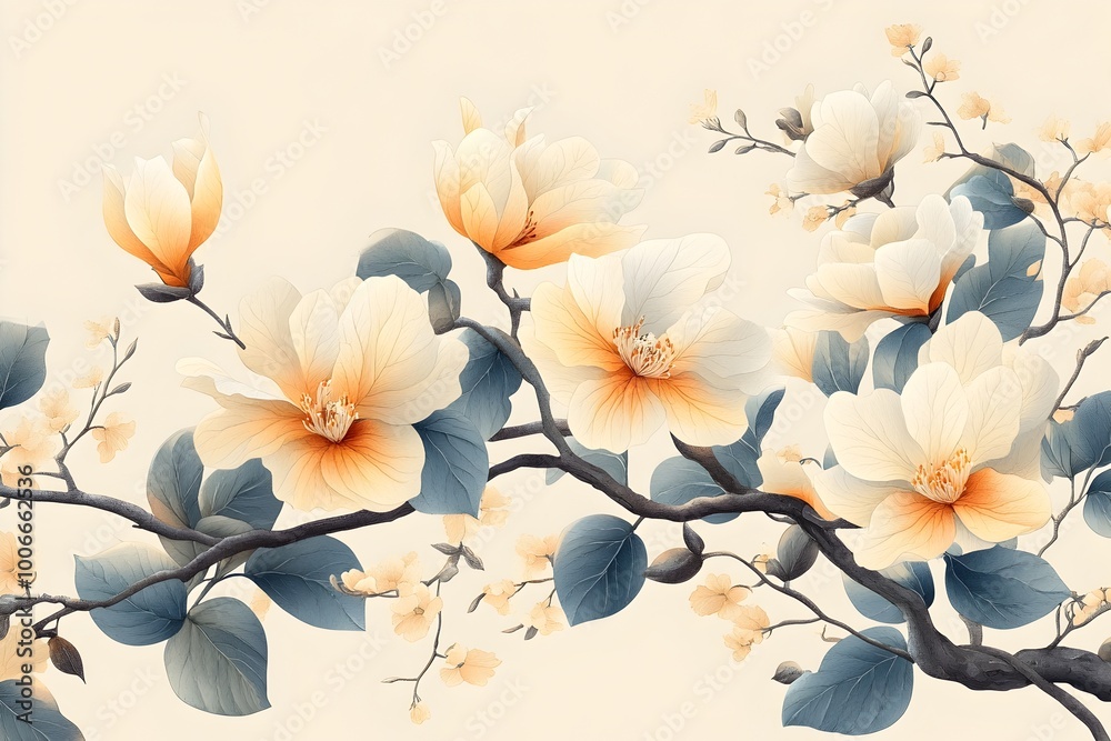 Obraz premium Elegant Floral Botanical Composition with Delicate Flowers and Lush Leaves