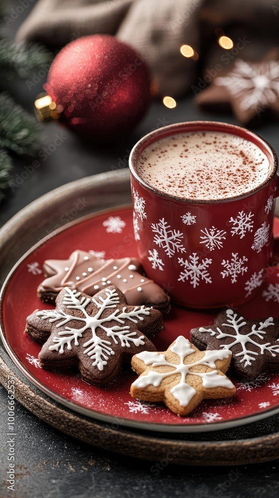 Delicious Christmas cookies on a festive plate with a cozy cup of cocoa, perfect for holiday gatherings and winter celebrations. Delicious Christmas cookies on a festive plate with a cozy cup of cocoa, perfect for holiday gatherings and winter celebrations.