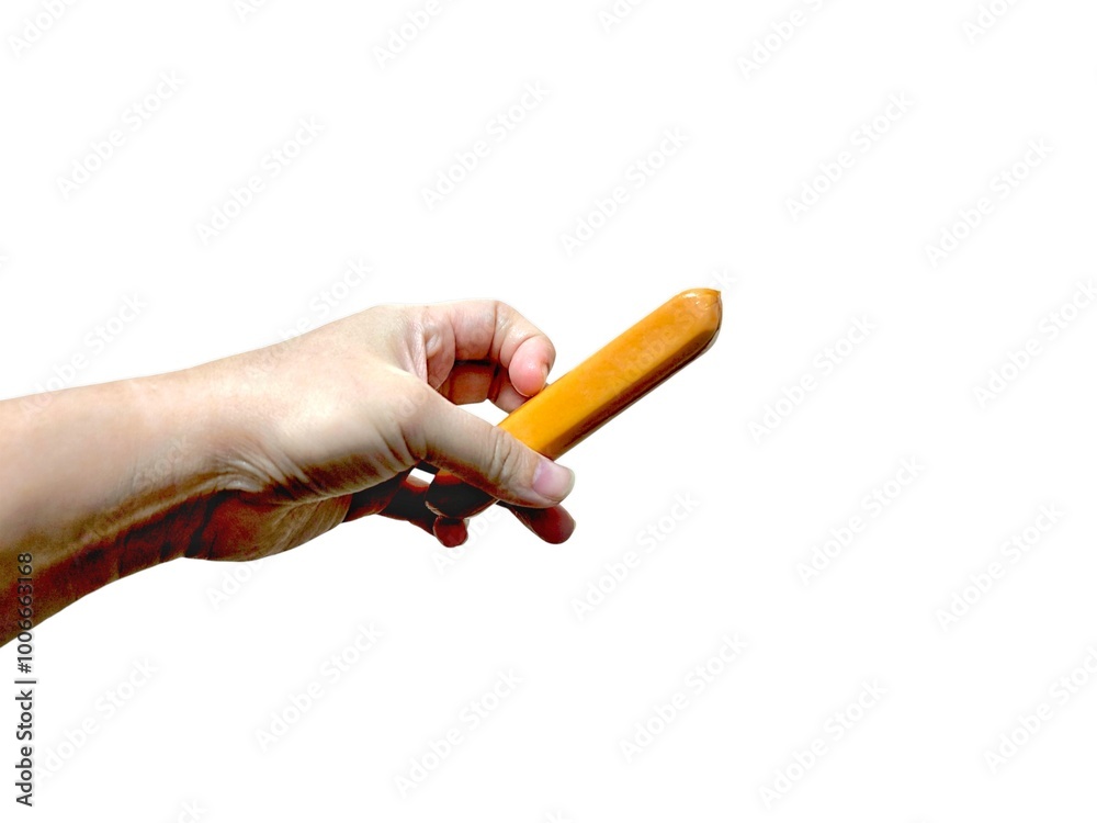 Young woman hand holding sausage isolated on white background. Erectile Dysfunction. Sex concept Young woman hand holding sausage isolated on white background. Erectile Dysfunction. Sex concept