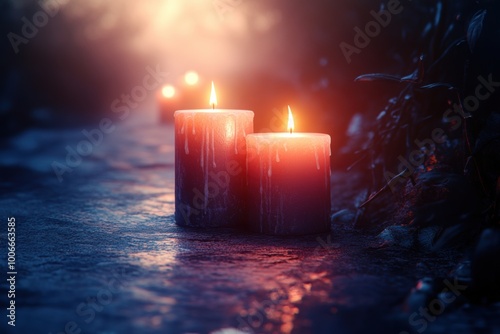 dim candles lighting the way in the dark, depicting a spiritual journey, suitable for text space photo