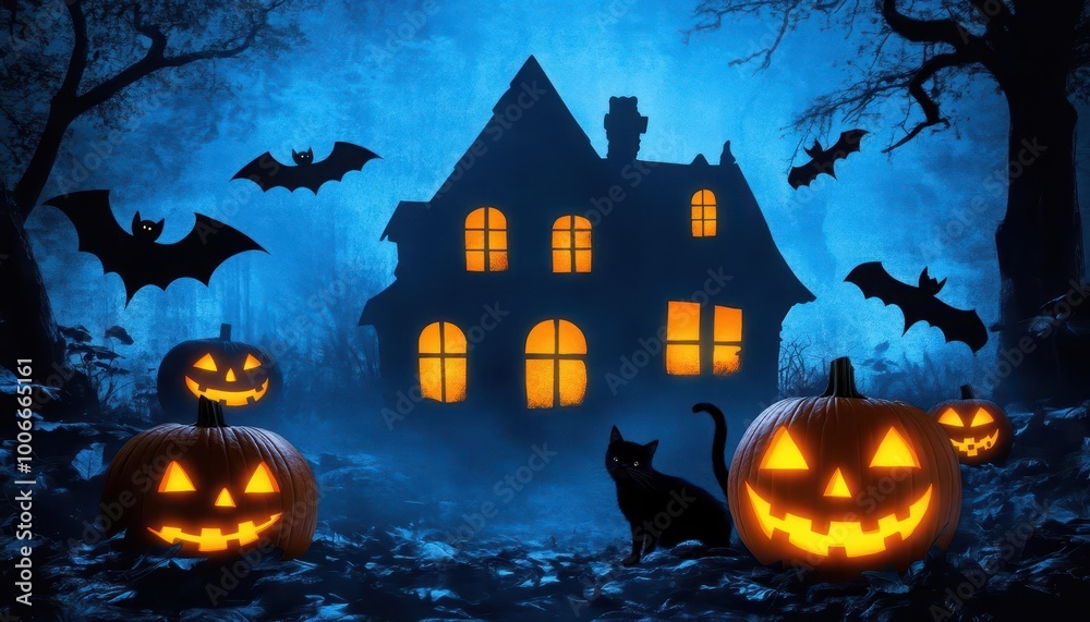 Haunted house illuminated by glowing pumpkins, surrounded by bats and a black cat, on a foggy Halloween night Whimsical, eerie illustration, with a playful yet spooky vibe Haunted house illuminated by glowing pumpkins, surrounded by bats and a black cat, on a foggy Halloween night Whimsical, eerie illustration, with a playful yet spooky vibe