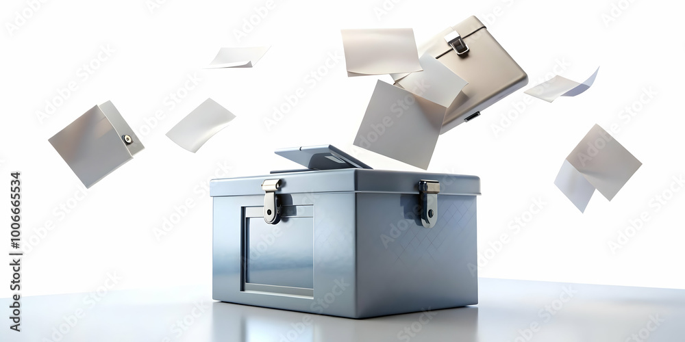 Obraz premium Defying Gravity: Close-Up of Ballots Rising into Floating Ballot Box - A Powerful Visual Concept Emphasizing Every Vote's Importance on Isolated White Background