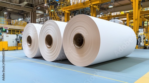 Large rolls of industrial paper stored in a factory setting, showcasing the manufacturing process of paper products.