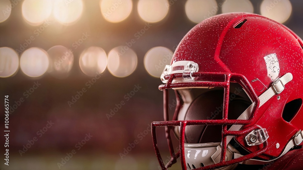 Naklejka premium Red football helmet, front view, with blurred stadium lights in background