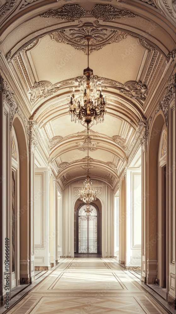 Elegant hall adorned with chandeliers, showcasing classic architecture and intricate details in a spacious, luxurious corridor. Elegant hall adorned with chandeliers, showcasing classic architecture and intricate details in a spacious, luxurious corridor.