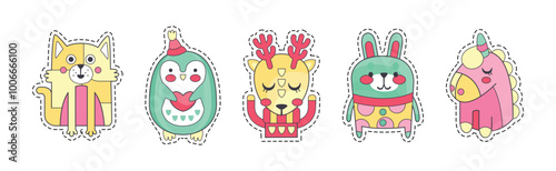 Cute Animal Sticker or Patch with Pretty Mammal Vector Set