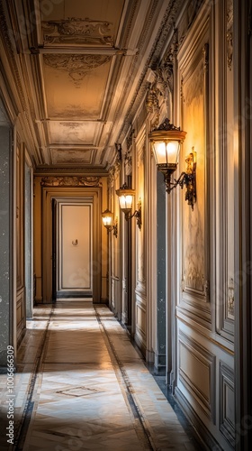 Elegant hallway featuring ornate details and warm lighting that creates an inviting atmosphere for interiors or architecture.