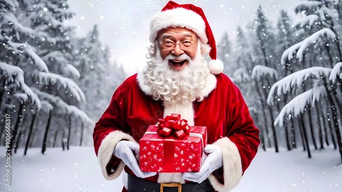 Santa Claus offering a wrapped present, surrounded by snow-covered trees.