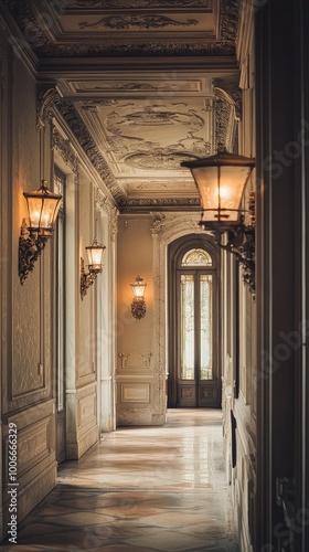 Elegant hallway featuring ornate walls, vintage lamps, and a beautifully designed ceiling, exuding a classic and luxurious atmosphere.