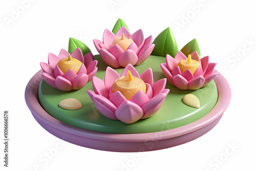 3D Vector Illustration of Loy Krathong with Floating Flowers Surrounding It - Serene Festival Beauty Isolated on White Background