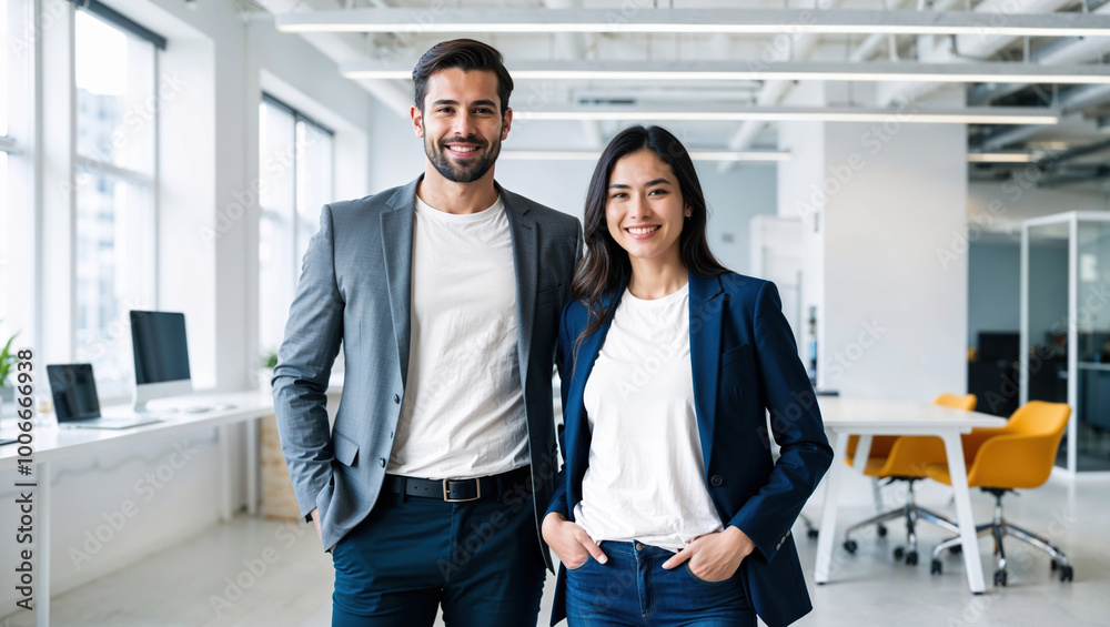 Two young business people smiling in modern open plan office with copy paste banner space Two young business people smiling in modern open plan office with copy paste banner space