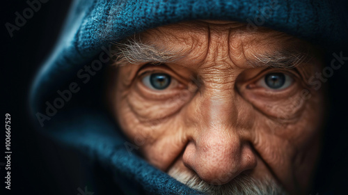 Close-up portrait of an elderly man with blue eyes, looking intensely at the camera.