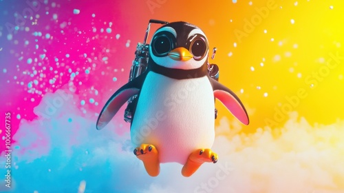 Penguin mascot with a jetpack on its back, ready to fly high, set against a vibrant, playful background, full of excitement and cuteness. photo