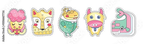 Cute Animal Sticker or Patch with Pretty Mammal Vector Set