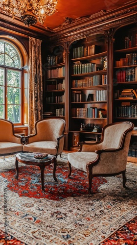 Elegant interior featuring vintage armchairs and a charming library with wooden bookshelves and intricate decor.