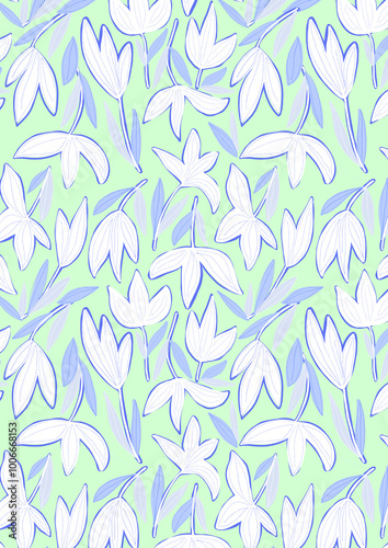 White tulips and leaves seamless pattern