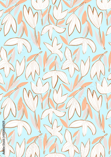 White tulips and leaves seamless pattern