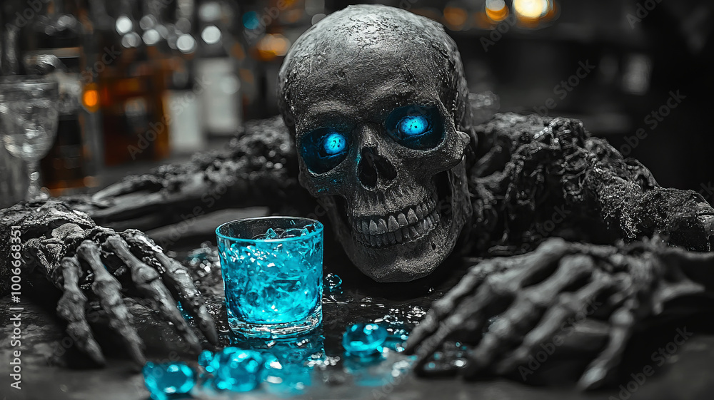 dark scary skeleton passed out at bar with blue eyes and spilled blue drink. black and white dark scary skeleton passed out at bar with blue eyes and spilled blue drink. black and white