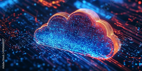 A cloud representation in glowing blue and orange typifies advanced digital network connectivity and the flow of data through systems. photo