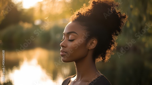 Serene Profile of a Woman by Water at Sunset photo