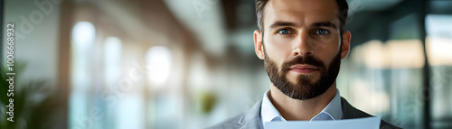 Businessman Holding Compliance Documents Against Glossy Background - Serious Expression Highlights Importance of Compliance in Business with Ample Copy Space for Advertising