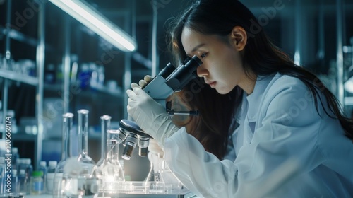 A woman wearing a lab coat and gloves is looking through a microscope