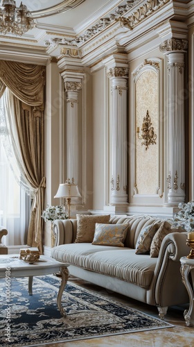 Elegant living room featuring luxurious decor, ornate furniture, and rich textiles, perfect for creating a sophisticated atmosphere.