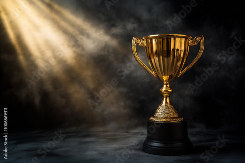 Shiny golden trophy cup with copy space on black background, Victory and Success concept photo