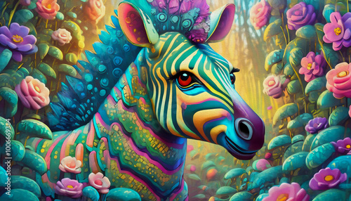 oil painting style cartoon character illustration multicolored close up of zebra