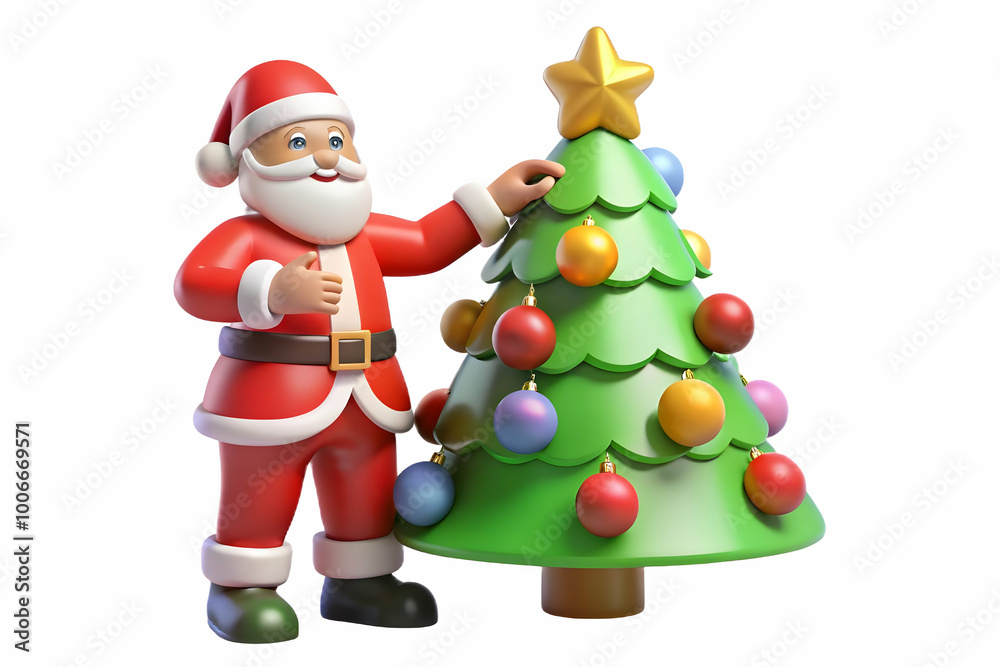 3D Santa Decorating a Christmas Tree with Glossy Ornaments - Zoomed-In Detail on Hands Adding Festive Touch, Isolated Icon on Clean White Background 3D Santa Decorating a Christmas Tree with Glossy Ornaments - Zoomed-In Detail on Hands Adding Festive Touch, Isolated Icon on Clean White Background