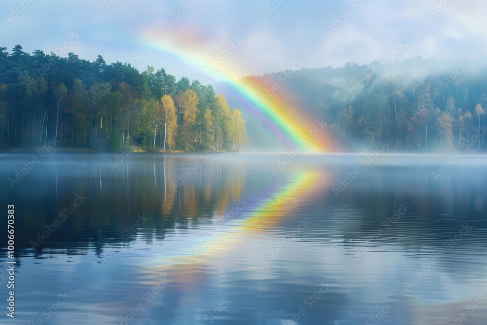 Rainbow reflected in a calm lake, surrounded by misty forest and soft sunlight, rainbow, reflection, serenity and nature s balance Rainbow reflected in a calm lake, surrounded by misty forest and soft sunlight, rainbow, reflection, serenity and nature s balance