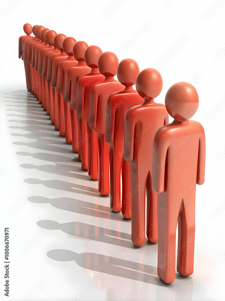 Fototapeta premium Gravity-Defying Voter Queue: Close-Up of Floating Stylized Human Figures in a Line Against White Backdrop for Voter Turnout and Civic Engagement Concept