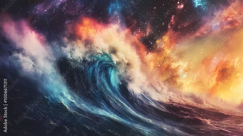 Imagine a massive tidal wave of cosmic energy crashing on a distant planet, with vibrant colors erupting in the atmosphere as galaxies twinkle in the backdrop. Tidal Wave. Illustration Imagine a massive tidal wave of cosmic energy crashing on a distant planet, with vibrant colors erupting in the atmosphere as galaxies twinkle in the backdrop. Tidal Wave. Illustration