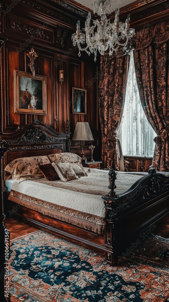 Fototapeta premium Elegant vintage bedroom featuring a wooden bed, stylish chandelier, and ornate curtains, creating a cozy atmosphere.