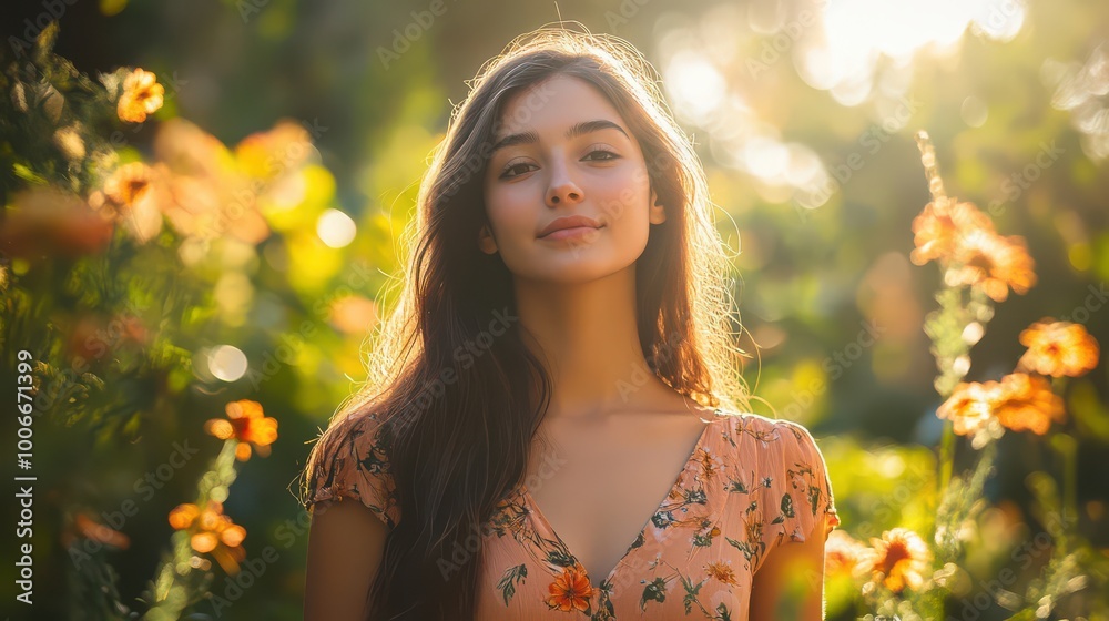 Beautiful Woman in Floral Dress Surrounded by Flowers Beautiful Woman in Floral Dress Surrounded by Flowers