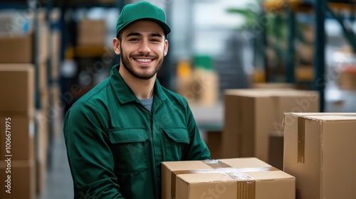 Delivery Worker in Green Attire Holding Boxes