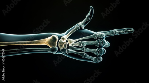 X-ray image of a human hand, showcasing the intricate bones and joints clearly, with the thumb raised in a 'thumbs up' gesture.