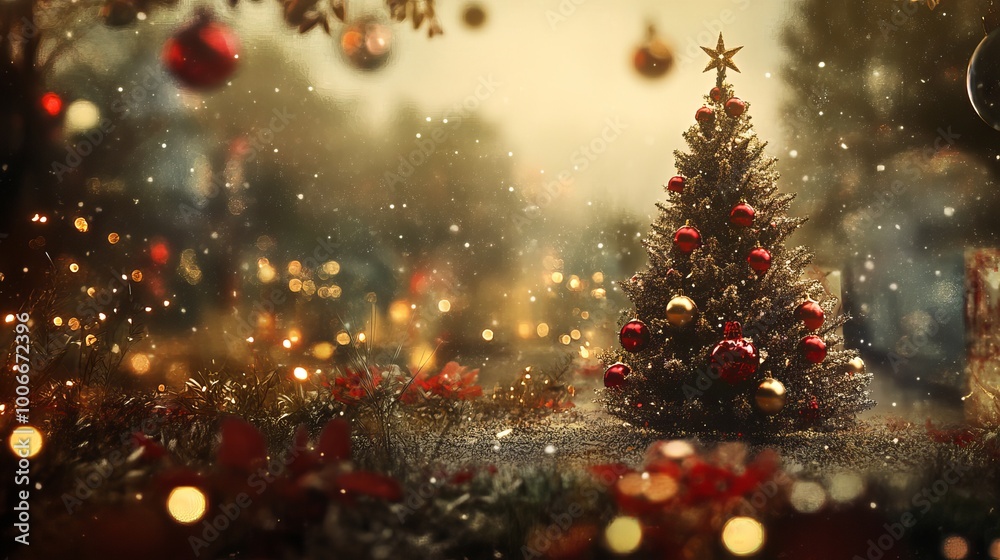 Naklejka premium Festive Christmas Scene with Decorated Tree, Sparkling Lights, and Cozy Holiday Atmosphere